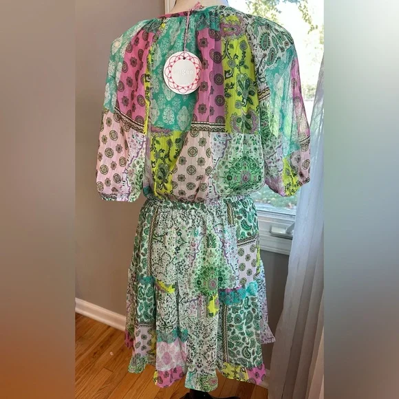 UMGEE Boho Mixed Print Patchwork 3/4 sleeve Dress, Pink, Green, Lavender Small - Picture 7 of 10